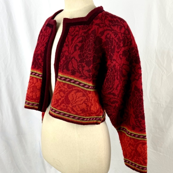 Oleana Norwegian Story Sweater M/L Red Orange Floral Wool Cropped Cardigan - Picture 13 of 13